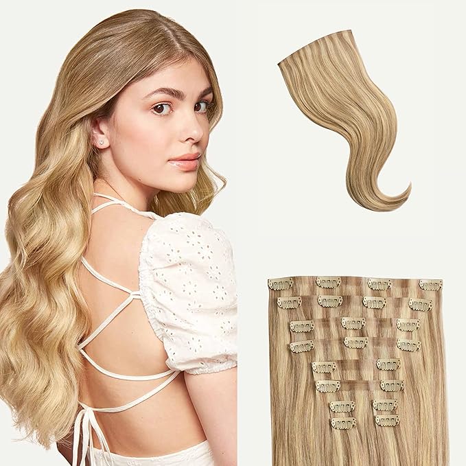 Luxy 100% Remy Human Hair - Seamless Clip-In Hair Extensions - Multi-Dimensional Color for Natural Blending, Adds Volume & Length 50 grams 12" Dirty Blonde Highlights