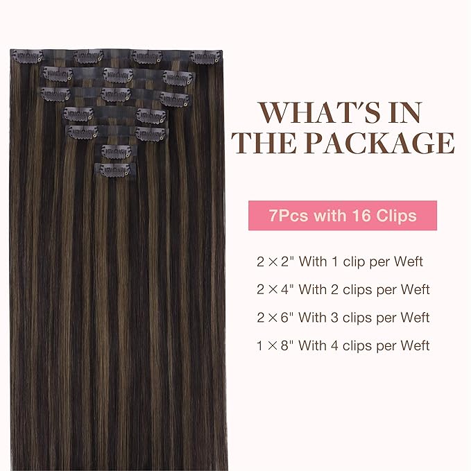 GOO GOO Clip in Hair Extensions Real Human Hair, Remy Human Hair Extensions Clip ins for Women, Natural Human Hair, 24inch 140g 7 Pcs, #2/6 Dark Brown Highlighted Chestnut Brown