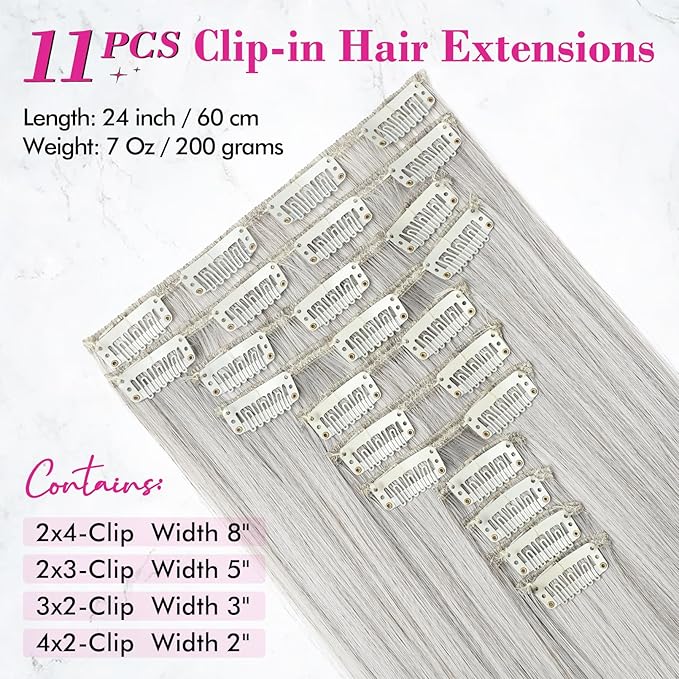 REECHO Hair Extensions, 11PCS Clip in Hair Extensions 24" Long Straight hair extensions HE005 Natural Soft Synthetic Hairpieces for Women – Silver Grey