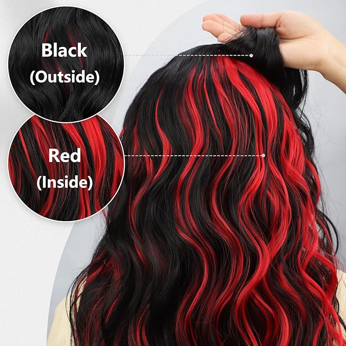 ALXNAN Clip in Long Wavy Hair Extension 20 Inch Black Red Highlights Hair Extensions 4PCS Thick Hairpieces Fiber Double Weft Hair for Women