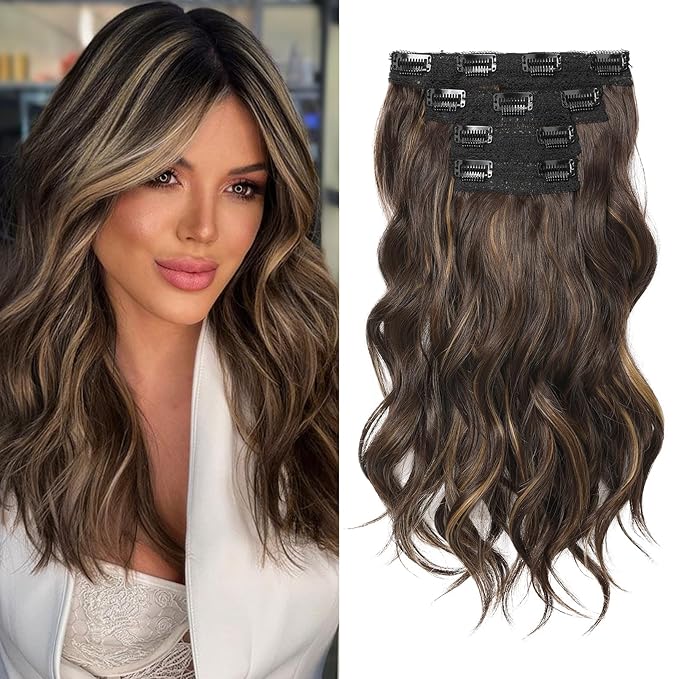 REECHO Clip in Hair Extensions - 14" Short Beach Wavy Hairpieces with Invisible Lace Weft - Dark Brown with Highlights