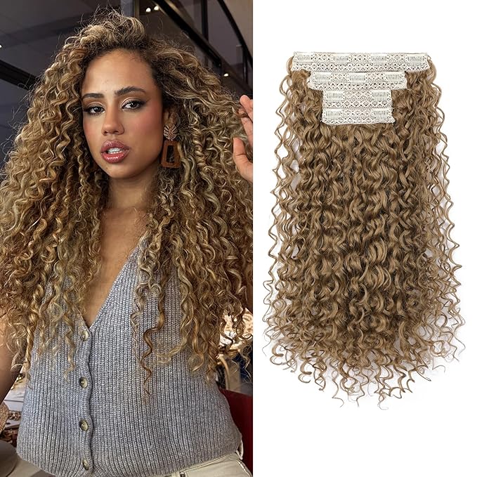 Clip in Hair Extensions, FLUFYMOOZ 4PC 100％ Pure Protein Silk Hair Extensions Long Soft Natural Hairpiece 20 Inch Curly Hair Extension for Women Deep Dirty Blonde