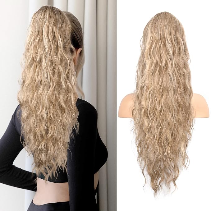 Flufymooz Ponytail Extension, 26 Inch Drawstring Ponytail Hair Extensions for Women， Long Curly Wavy Pony Tail Natural Wavy Synthetic Hairpiece for Women Daily Use party (26 Inch Dark Ash Blonde)