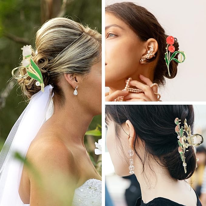 3-Piece Floral Metal Hair Accessories: Strawberry Cherry Tulip Barrettes, Elegant Strong Hold Non-Slip Clamps for Thin/Medium Thick Hair