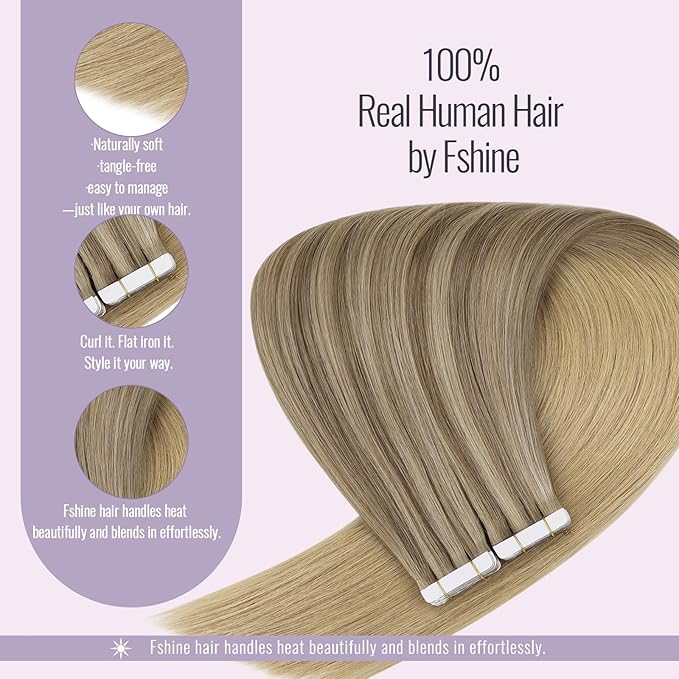 Fshine Hair Extensions Tape in Real Human Hair 22 Inch Golden Brown Mixed Dark Ash Blonde Highlighted Tape in Extensions Human Skin Weft Soft 20 pcs 50 g, Perfect for Party, Birthday