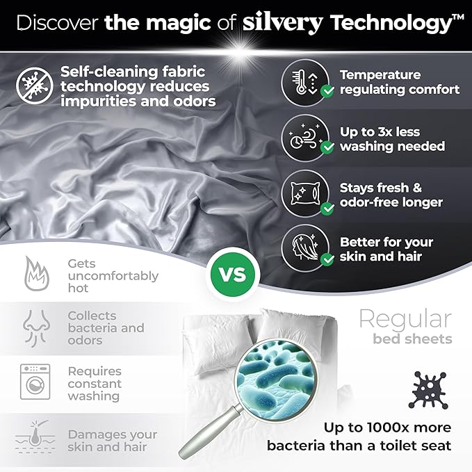 Silvery Silver Infused Bed Sheets Set - Award-Winning Self-Cooling Fabric with Self-Cleaning Silvery Technology™ That Stays Fresh 3X Longer for Hygienic Sleep (Gray, Twin XL)