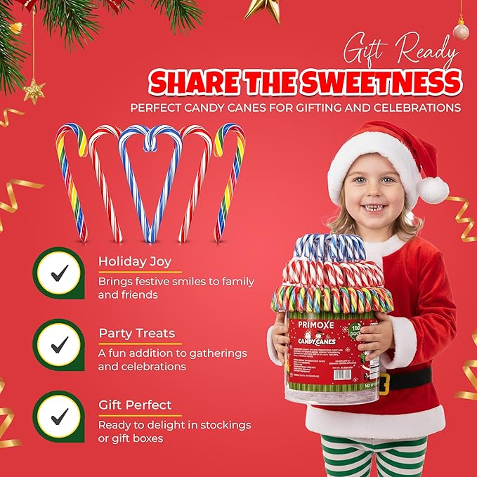 Christmas Candy Canes Assorted Flavors, Tutti Frutti, Blue & White Peppermint Sticks, Red Cherry Mix, Large Candy Canes Individually Wrapped Bulk Christmas Candy for Décor, Parties & Gifts – 100 Count
