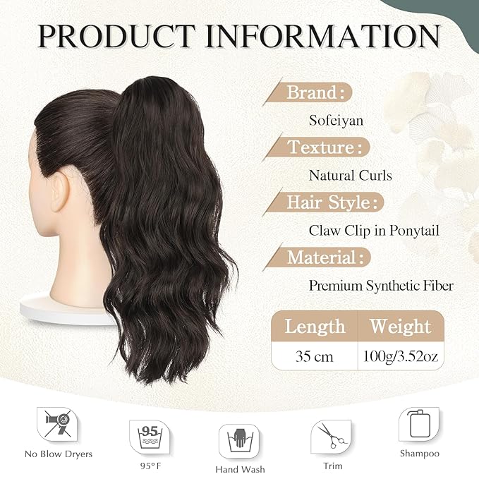 SOFEIYAN 14" Ponytail Extension, Short Wavy Claw Clip in Ponytail Hair Extension Synthetic Hairpieces Dark Brown Layered Natural Fluffy Curly Drawstring Ponytail Hair Piece for Women