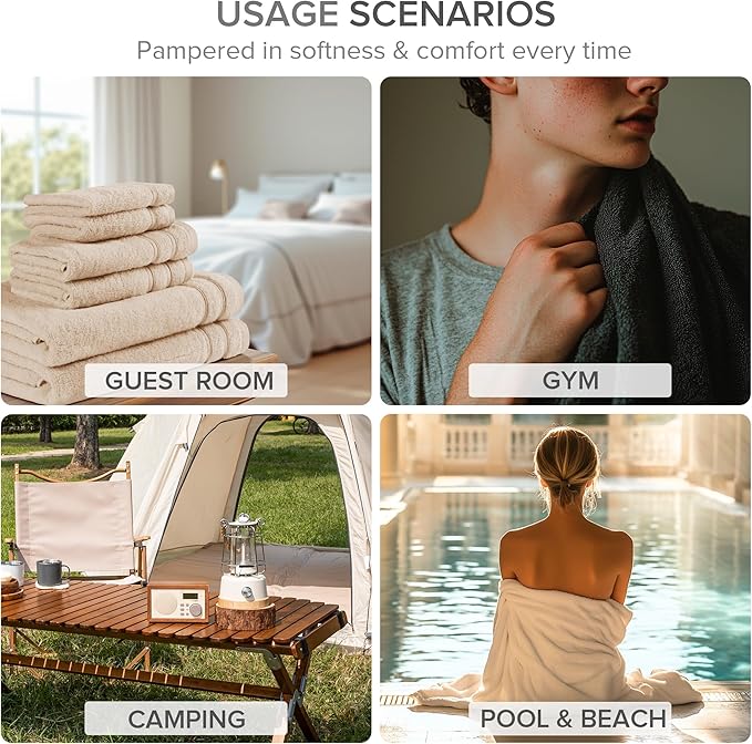 Comfort Spaces Towel Set for Bathroom 6 Piece Luxury Bath Towel Set 2 Hand Towel for Bathroom 2 Washcloth 2 Large Bath White Towel Sets 100% Cotton Quick Dry Towel Zero Twist Soft Lightweight Hotel