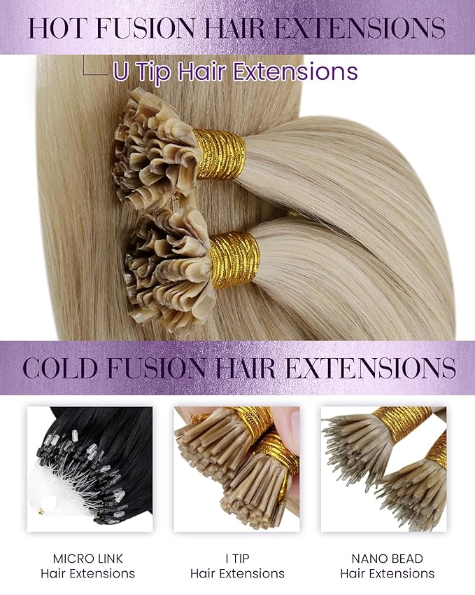 LaaVoo U Tip Hair Extensions Human Hair Balayage K Tip Hair Extensions Golden Blonde Highlights Light Blonde KTips Human Hair Extensions Blonde Silky Straight 20in 100g 100s