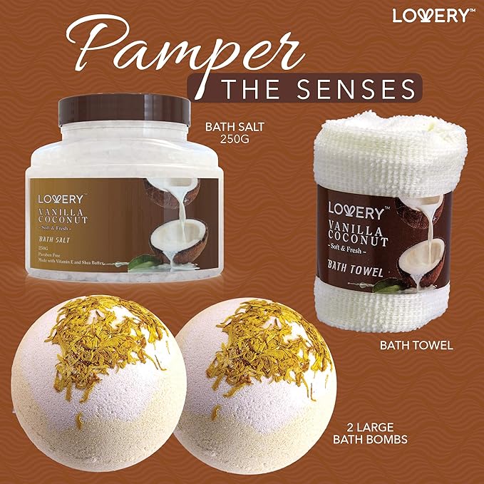 Gifts For Women Gift Basket for Women– 9 Piece Set of Vanilla Coconut Home Spa Set, Luxurious Valentines Day Gifts for Her, Bath and Body Sets Includes Fragrant Lotions, Large Bath Bombs, Coconut Oil