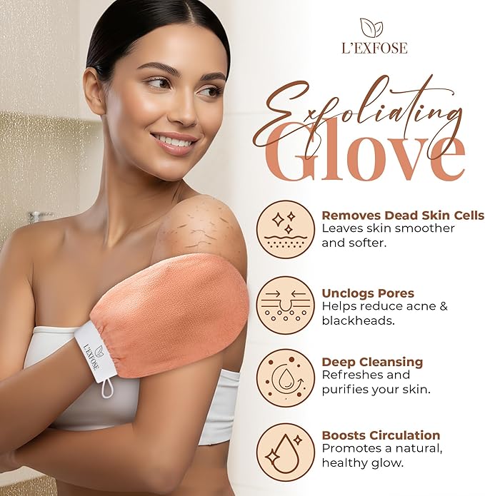 L'Exfose Kessa Hammam Deep Exfoliating Glove 2pc - Korean Exfoliating Mitt for Shower Ideal for Dead Skin Remover, Keratosis Pilaris & Self-Tanning to Improve Skin Tone Made with 100% Natural Viscose
