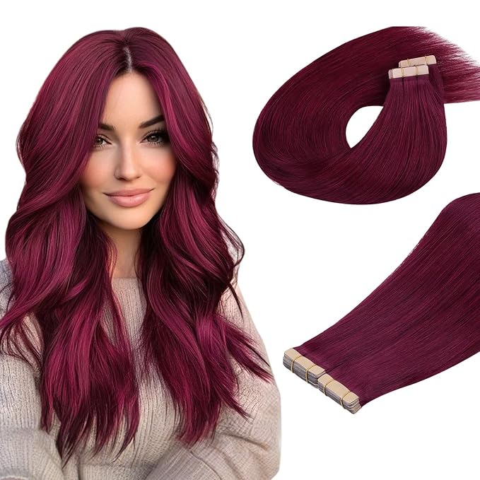 DOORES Human Hair Extensions Tape in, 26 Inch 120g 40pcs, Burgundy Tape in Extensions Human Hair Silky Straight Skin Weft Natural Hair Extensions Remy Hair