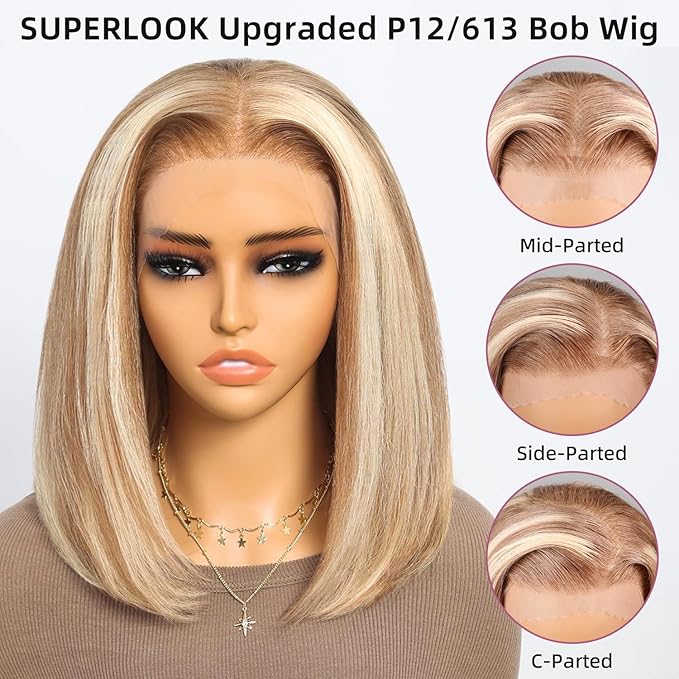 P12/613 Bob Wig Human Hair 13x4 Ready to Go Highlight 12A P12/613 Lace Front Wigs Human Hair 210% Density HD Lace Front Wig Pre Plucked (14inch, 13X4 Bob Wig)