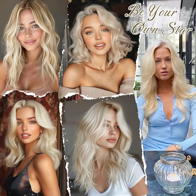 BARSDAR 12 Inch Wavy Platinum Blonde Clip in Hair Extensions - 6PCs Short Wavy Platinum Blonde Clip in Hair Extensions for Women - Full Head Thick Soft Synthetic Hairpieces Daily Party