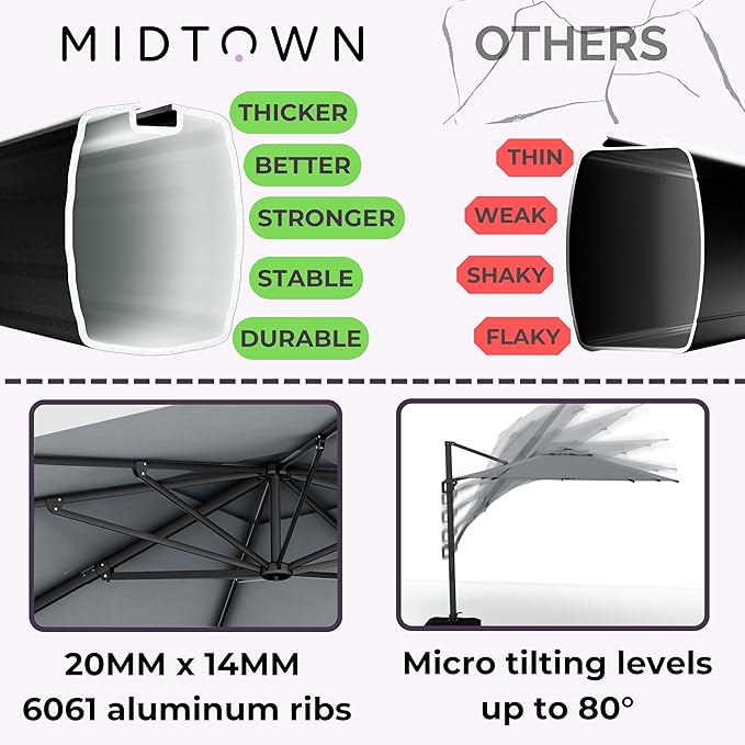 Midtown Umbrellas 9 x 9 Ft Outdoor Cantilever Patio Umbrella w/Terylast Heather Grey Fabric - Rotate 360° Offset Patio Umbrella, Deck Patio Umbrella, Backyard Umbrella & Garden Umbrella - Black Frame