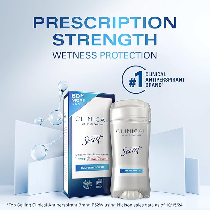 Secret Clinical Strength Antiperspirant Deodorant for Women, 3X Stress Protection, 72hr Sweat & Odor Protection, PH Balancing Minerals, Clear Gel, Completely Clean Scent, 2.6 oz (Pack of 2)
