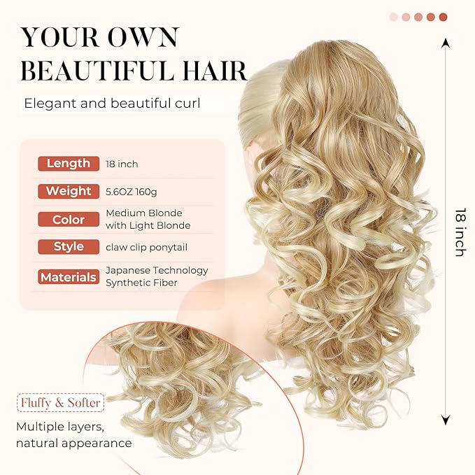 Flufymooz Ponytail Extension, 18 inch Wavy Curly Claw Clip Ponytail Extension Clip on Ponytails Natural Synthetic Hairpiece for Women Daily Wear (Medium Blonde with Light Blonde)