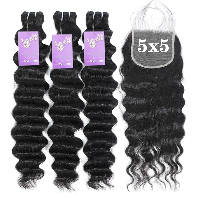 FASHION PLUS Raw Human Hair Bundles Loose Deep Wave Bundles with Closure (12 14 16 +10) 5x5 HD Lace Closure With Bundles 15A Raw Loose Wave Human Hair Triple Lifespan