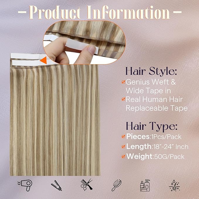 Full Shine Blonde Tape in Weft Hair Extensions Human Hair Color 16 Highlight 22 Blonde Wide Tape Weft Genius Weft Tape in Hair Extensions 24Inch Cuticles Aligned Travel Friendly Styling 50G One Piece
