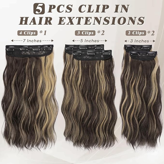 BARSDAR Short Wavy Clip in Hair Extensions - 14'' Highlight Hair Extensions Clip in for Women - 5PCs Thick Soft Synthetic Loose Wavy Clip in Hairpieces – Chocolate Brown with Highlights