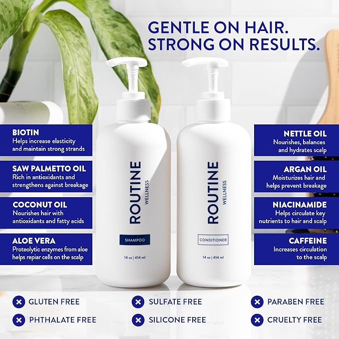 Routine Wellness Anti-Thinning Shampoo and Conditioner Set for Thinning Hair - Biotin DHT Blocker Women & Men - Color Safe Shampoo for Hair Loss & Healthier Hair - Peony & Pomegranate (Pack of 2)