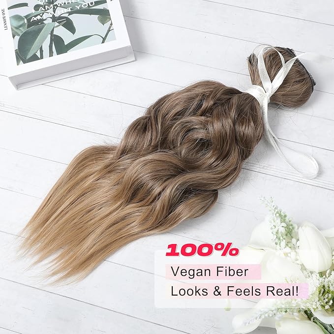 Hair Extensions, 14" Short Clip in Hair Extensions 4PCS Beach Wave Blonde Natural Soft Synthetic Hairpiece for Women - Light Brown with Golden Ends