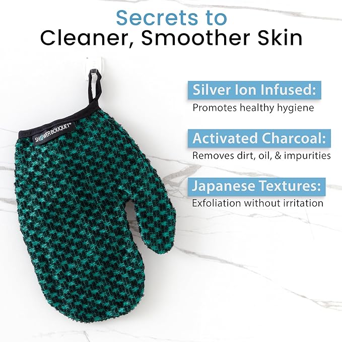 Japanese Exfoliating Mitt for Shower [Green] - Charcoal & Silver Ion Exfoliating Glove - Gentle Exfoliation & Deep Cleansing Shower Mitt - Exfoliating Body Scrubber Glove, Soft Fabric Inside