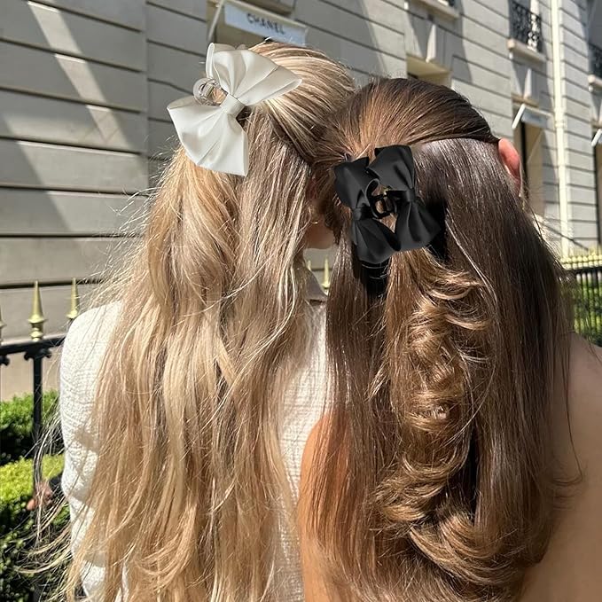 Bow Claw Clip,StrongHold Cute Bow Hair Claw Clips for Women Girls,Nonslip Silky Big Hair Bows Ribbons for Hair Claws,Large Claw Clips for Thick/Thin Hair Styling Accessories Gifts (black,pure)