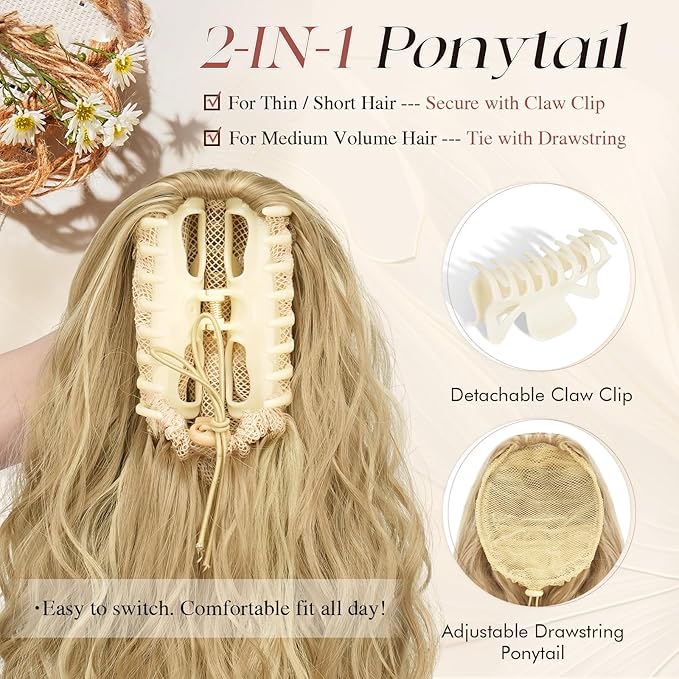 SOFEIYAN Ponytail Extension, 16 inch Claw Clip Ponytail Extension Wavy Curly Ponytails Synthetic Pony Tails Hair Extensions Natural Fake Hairpiece for Women - Dark Ash Blonde Mixed Bleach Blonde