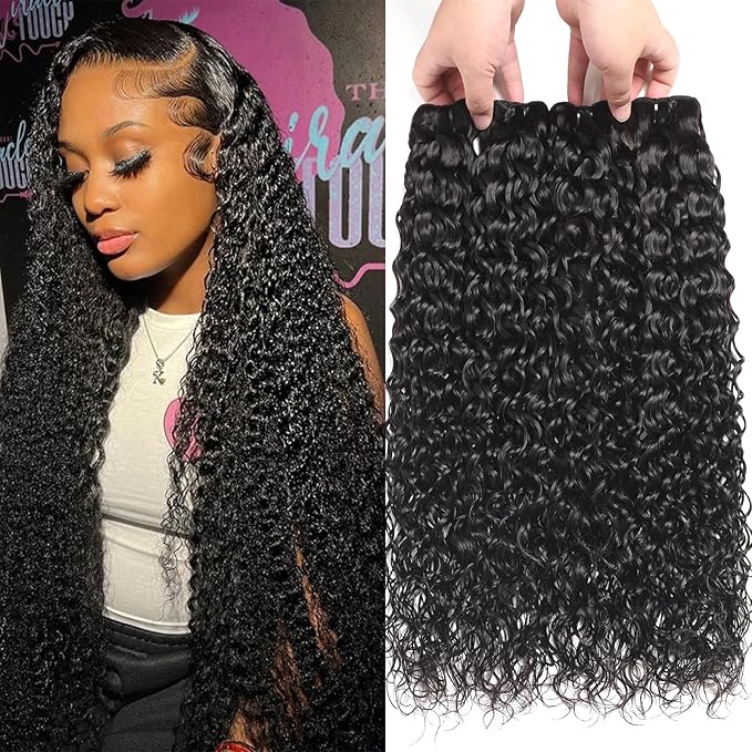 Water Wave Human Hair Bundles 10A Brazilian 20 22 24 26 Inch Curly Bundles Human Hair 100% Unprocessed Wet and Wavy Hair for Women Full and Thick Natural Black