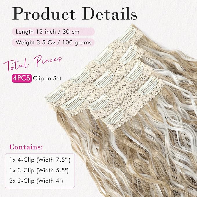 REECHO Clip in Hair Extensions, 4PCS Hair Extensions 12" Short Curly Wavy Blonde hair extensions Invisible Lace Weft Natural Soft Hairpieces for Women – Ash Blonde with Highlights