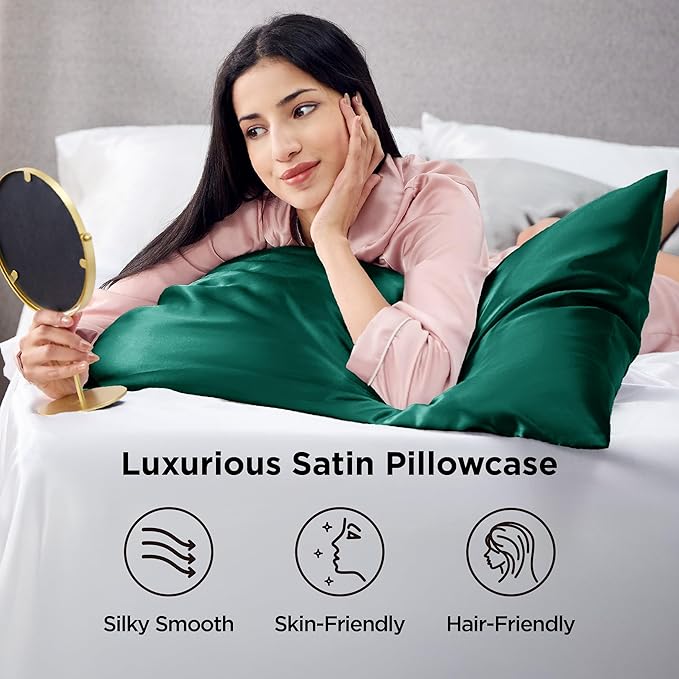 Bedsure Satin Pillowcase 2 Pack Similar to Silk Pillow Cases Standard Size, Green Christmas Pillow Case with Envelope Closure, Decor Gifts for Women Men, Dark Green, 20x26 Inches, 2pcs