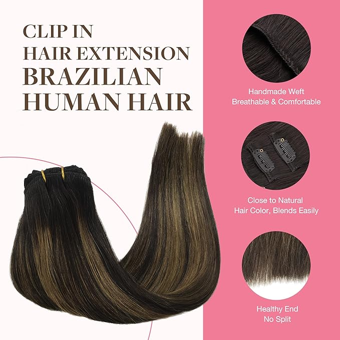 GOO GOO Clip in Hair Extensions Real Human Hair, Remy Human Hair Extensions Clip ins for Women, Natural Human Hair, 20inch 150g 9Pcs, 1B/6/1B Balayage Natural Black to Chestnut Brown