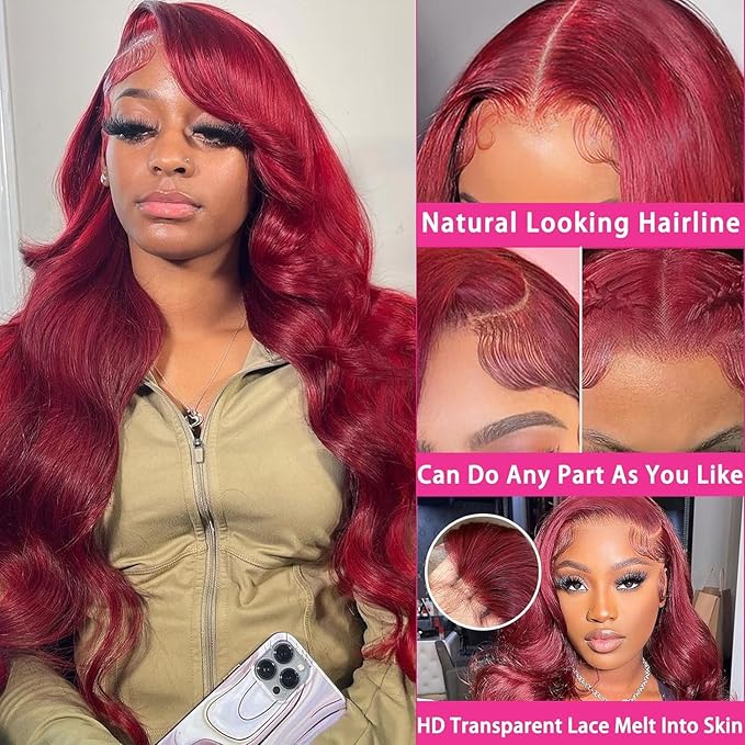 99J Burgundy Lace Front Wigs Human Hair 250% Density Body Wave 5x5 HD Lace Closure Wigs Wine Red Glueless Wigs Human Hair Pre Plucked Pre Cut Wig 28 Inch