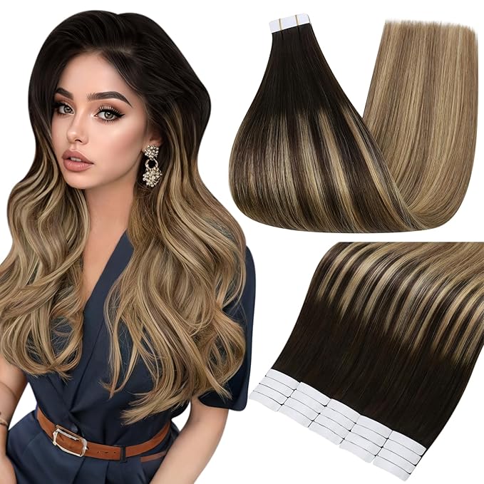 Full Shine Hair Extensions Real Human Hair Tape in 30 Grams Color 2 Fading to 8 Brown and 27 Blonde Seamless Skin Weft Short Remy Human Hair Extensions Tape in Balayage 12 Inch 20PCS for Party