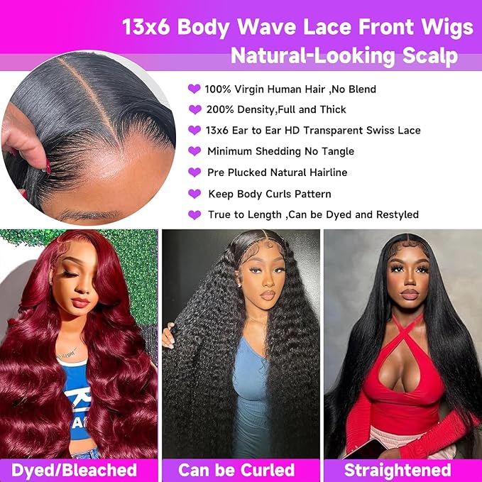 36 Inch 200% Density 13x6 Body Wave HD Lace Front Wigs Human Hair 13x6 HD Transparent Lace Front Wigs Human Hair Pre Plucked Glueless Wigs for Women Frontal Wigs Black Wig Body Wave Wig