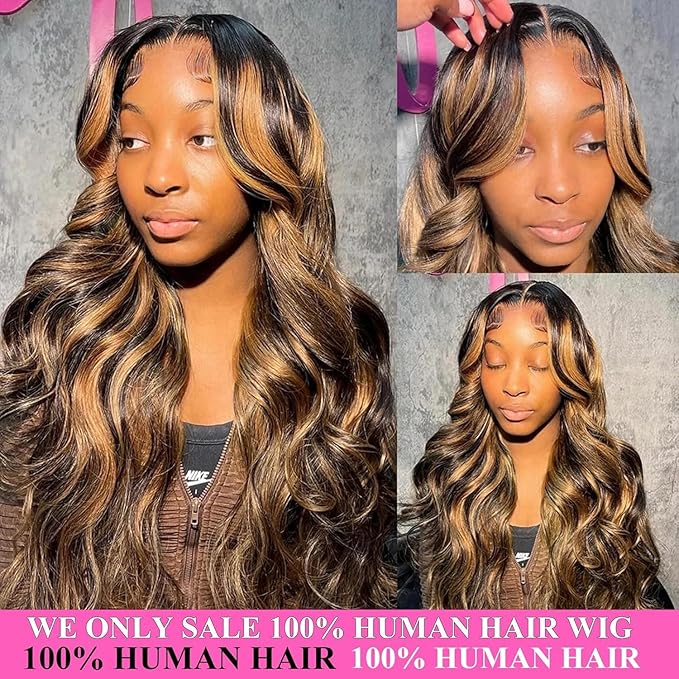 Highlight 13x6 Lace Front Wigs Human Hair 24 Inch Body Wave 1B/30 HD Transparent Lace Frontal Wigs for Women Ombre Lace Front Wig Human Hair Pre Plucked 180% Density