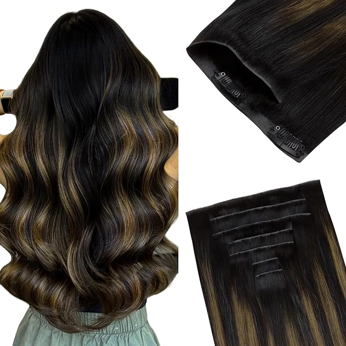 GOO GOO Invisi Edge Clip in Hair Extensions 14inch 130g 9Pcs Injected Seamless PU Clip in Hair Extensions, Virgin Real Human Hair, 1B/6/1B Balayage Natural Black to Chestnut Brown