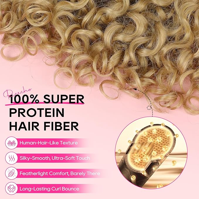 REECHO Curly Hair Extensions - 4PCS 18" GoGo Curly Clip in Hair Extensions 100% Super Protein Hairpieces with Invisible Lace Weft Silky Soft Natural Look for Women - Honey Blonde