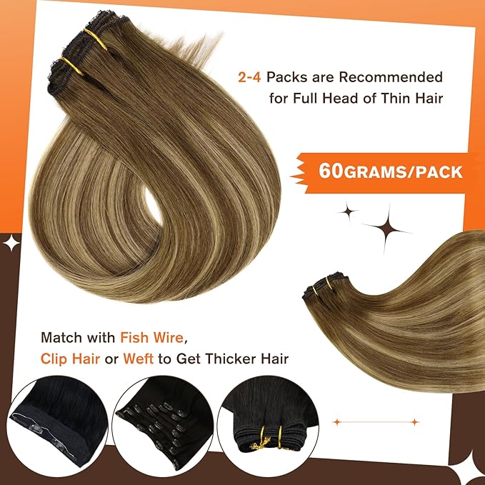 Full Shine Human Hair Clip in Extensions Brown Lace Clip in Human Hair Ombre Brown Fading to Blonde Highlight Straight Hair for Women 16 Inch 3 PCS 60 Grams