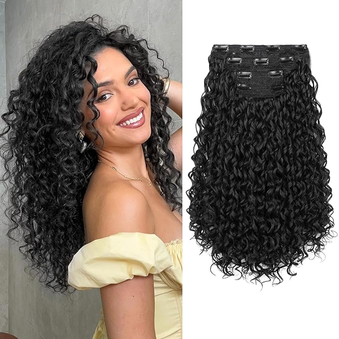 FLUFYMOOZ Clip in Hair Extensions, 18'' 4PC 100％ Pure Protein Silk Curly Hair extension for Women Lace Weft Hairpiece Natural Soft and comfortable for Daily Use-Black