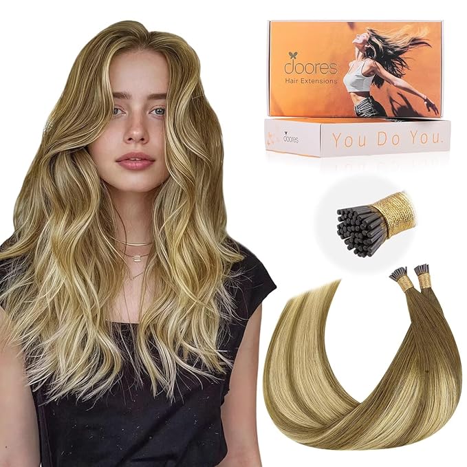 Doores I Tip Extensions, Medium Brown Highlighted Dirty Blonde 14 Inch 100g/200s, Hair Extensions Real Human Hair, I Tip Hair Extensions Human Hair