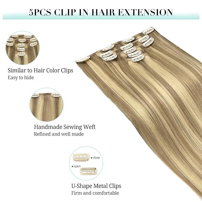 DOORES Hair Extensions Clip in Human Hair, 5pcs 80g Light Blonde Highlighted Golden Blonde Balayage 18 Inch Real Clip in Extensions Remy Hair Extensions Natural Straight