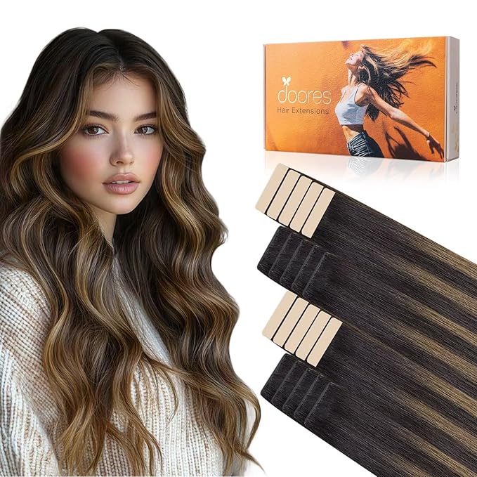 DOORES Injected Human Hair Extensions Tape in Invisi Edge, Dark Brown to Chestnut Brown 10 Injection Tape-ins with 10 Classic Tape-ins 50g 24 Inch, Tape in Extensions Human Hair