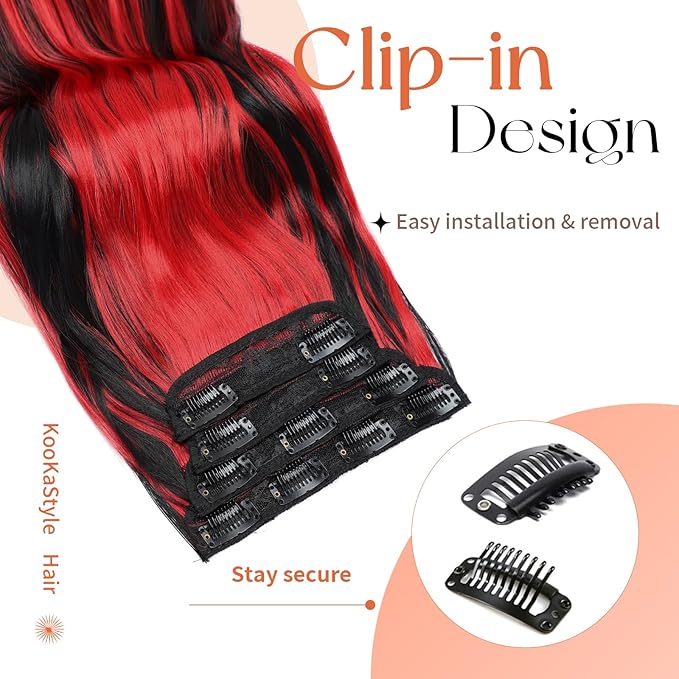 Kookastyle Clip in Hair Extensions 4 pcs Natural Long Synthetic Curly Hairpieces Layered Soft Invisible for Women Black Mix Red Highlights 20 Inch