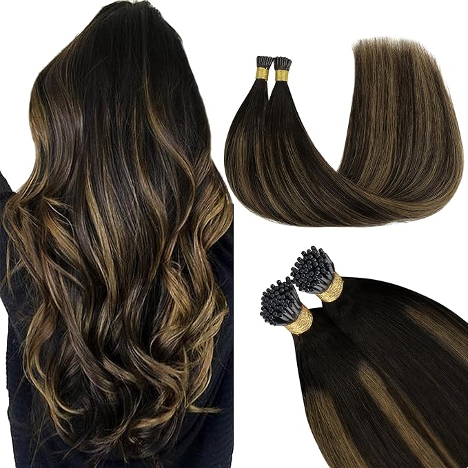 GOO GOO I Tip Hair Extensions, Real Human Hair, 16inch 100g 200S, Cold Fusion I Tip, Invisible Remy, 1B/6/1B Balayage Natural Black to Chestnut Brown