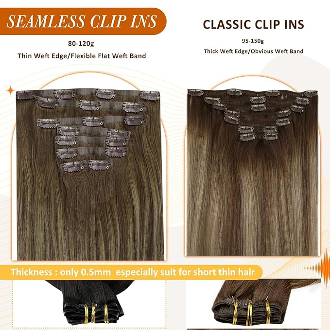 Full Shine Brown Extensions clip in Balayage Brown with Blonde Seamless Hair Extension Short 12 Inch Hair Extensions Clip in Human Hair for Women 12 Inch 95 Grams 8 PCS