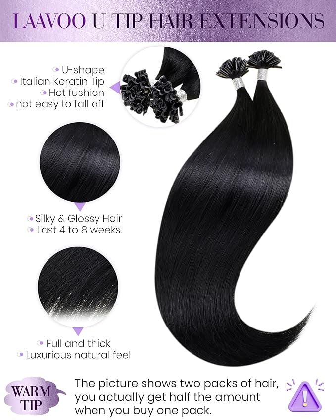 LaaVoo U Tip Hair Extensions Human Hair Black 20 Inch K Tip Hair Extension Real Human Hair Jet Black Utip Hair Extensions Black 50g 50S