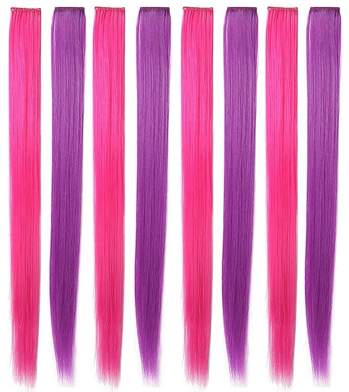 Rhyme Pink Purple Hair Extensions for Girls 21 inch Highlight Princess Party Colored Hair Extensions Clip in/on for Girls and Kids Hair Accessories Wig Pieces 8PCS (Pink Purple)